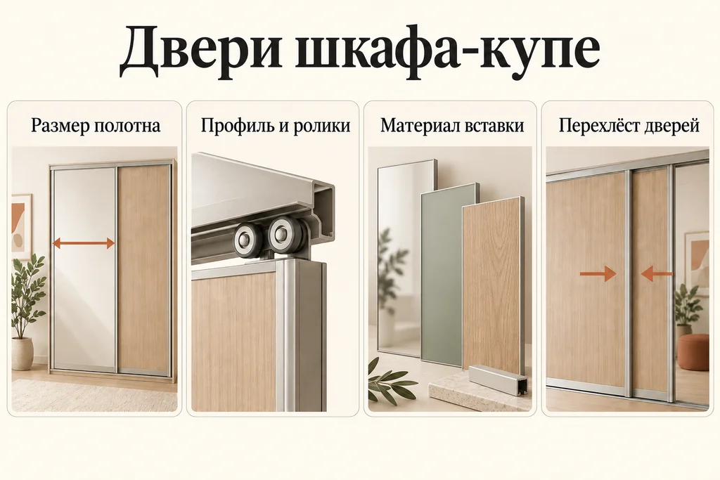 Инфографика: размер полотна, профиль и ролики, материал вставки, перехлёст дверей