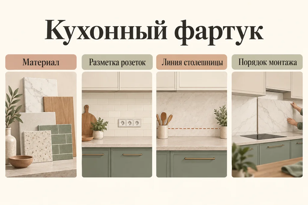 Инфографика: Фартук для кухни: что выбрать и когда устанавливать. Материал, Разметка розеток, Линия столешницы, Порядок монтажа