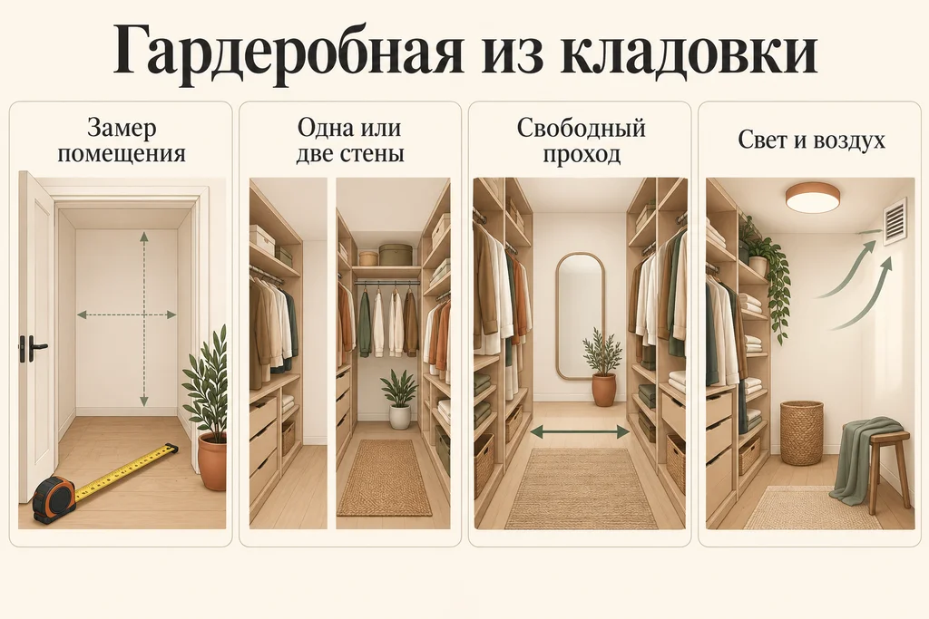 Инфографика: Гардеробная из кладовки: планировка и размеры. Замер помещения, Одна или две стены, Свободный проход, Свет и воздух