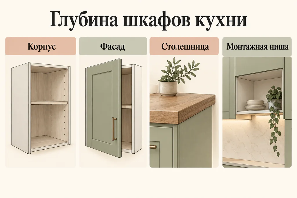 Инфографика: Глубина кухонных шкафов: что проверить по технике. Корпус, Фасад, Столешница, Монтажная ниша