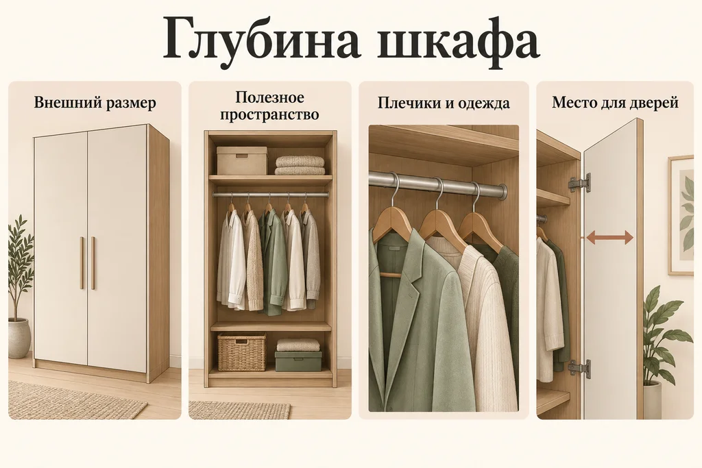 Инфографика: Глубина шкафа для одежды: сколько места нужно внутри. Внешний размер, Полезное пространство, Плечики и одежда, Место для дверей
