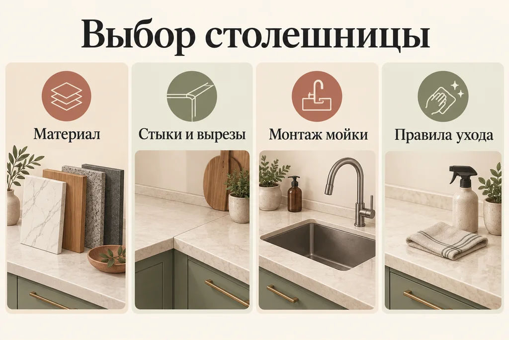 Инфографика: Какую столешницу выбрать для кухни. Материал, Стыки и вырезы, Монтаж мойки, Правила ухода