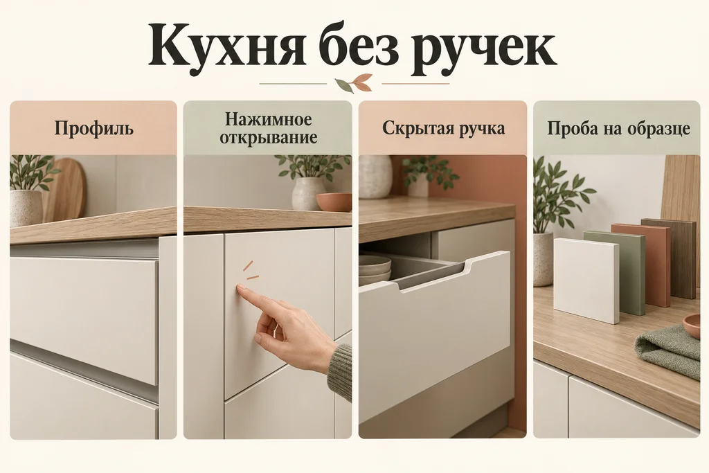 Инфографика: Кухня без ручек: профиль, нажимное открывание или скрытая ручка. Профиль, Нажимное открывание, Скрытая ручка, Проба на образце