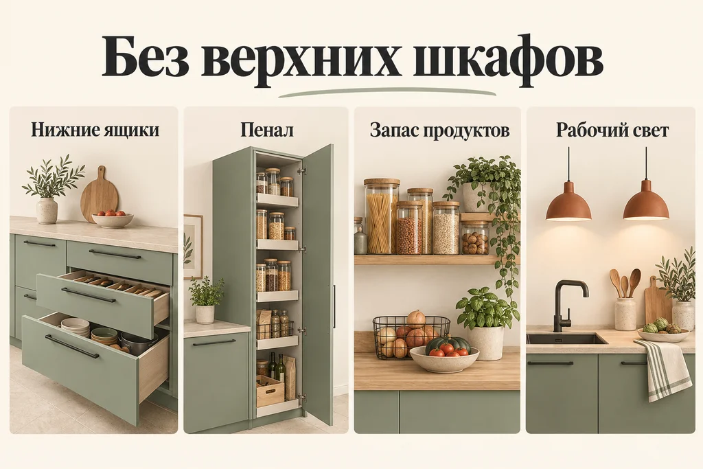 Инфографика: Кухня без верхних шкафов: где разместить хранение. Нижние ящики, Пенал, Запас продуктов, Рабочий свет