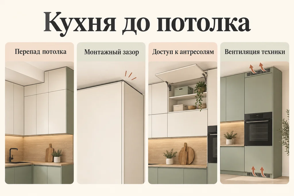 Инфографика: Кухня до потолка: антресоли, зазоры и монтаж. Перепад потолка, Монтажный зазор, Доступ к антресолям, Вентиляция техники