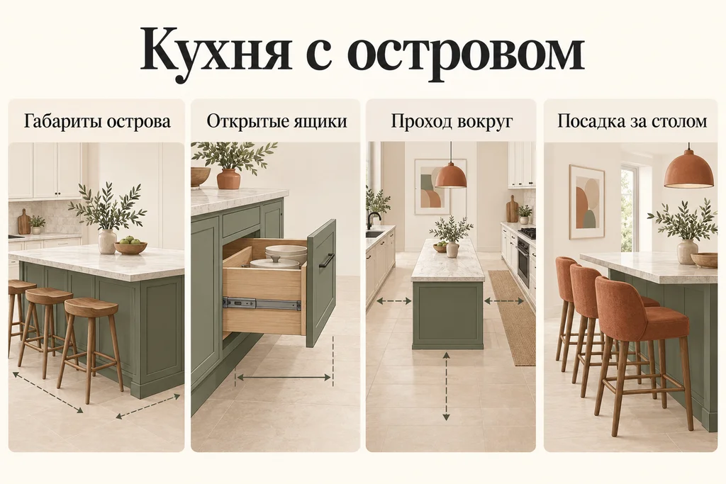 Инфографика: Кухня с островом: как проверить размеры и проходы. Габариты острова, Открытые ящики, Проход вокруг, Посадка за столом