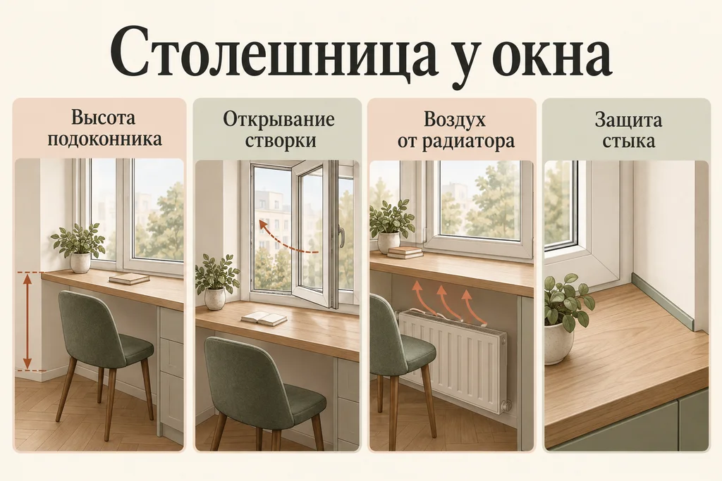 Инфографика: Кухня у окна: столешница вместо подоконника. Высота подоконника, Открывание створки, Воздух от радиатора, Защита стыка