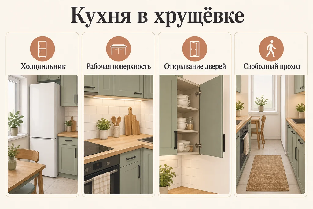 Инфографика: Маленькая кухня в хрущёвке: куда поставить холодильник. Холодильник, Рабочая поверхность, Открывание дверей, Свободный проход