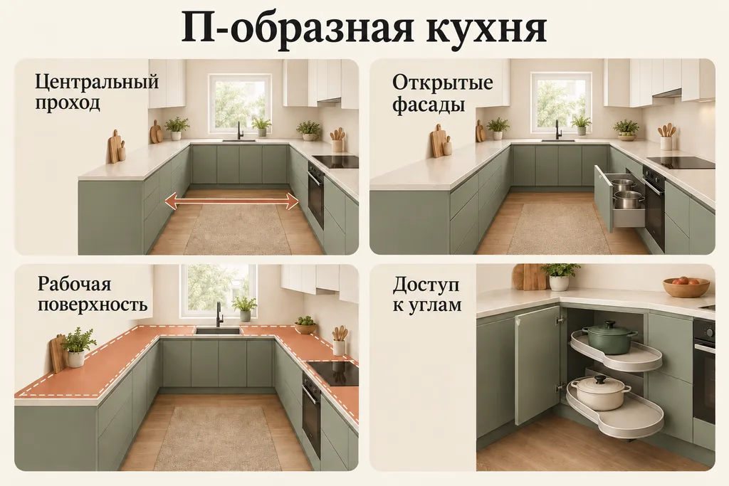 Инфографика: Центральный проход, Открытые фасады, Рабочая поверхность, Доступ к углам