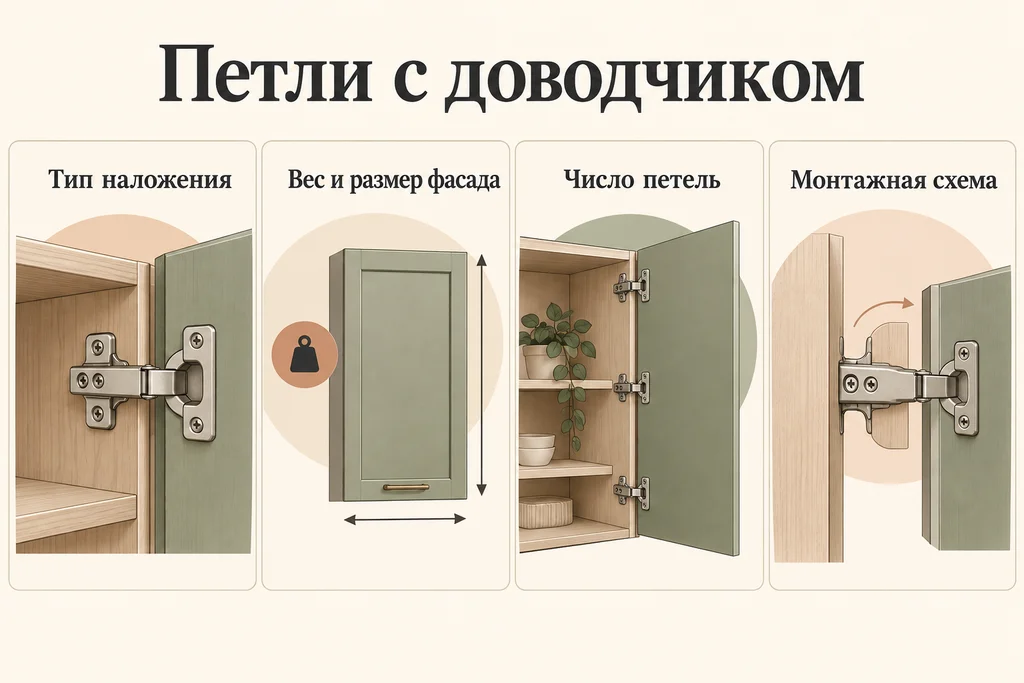 Инфографика: Петли с доводчиком: как выбрать под кухонный фасад. Тип наложения, Вес и размер фасада, Число петель, Монтажная схема