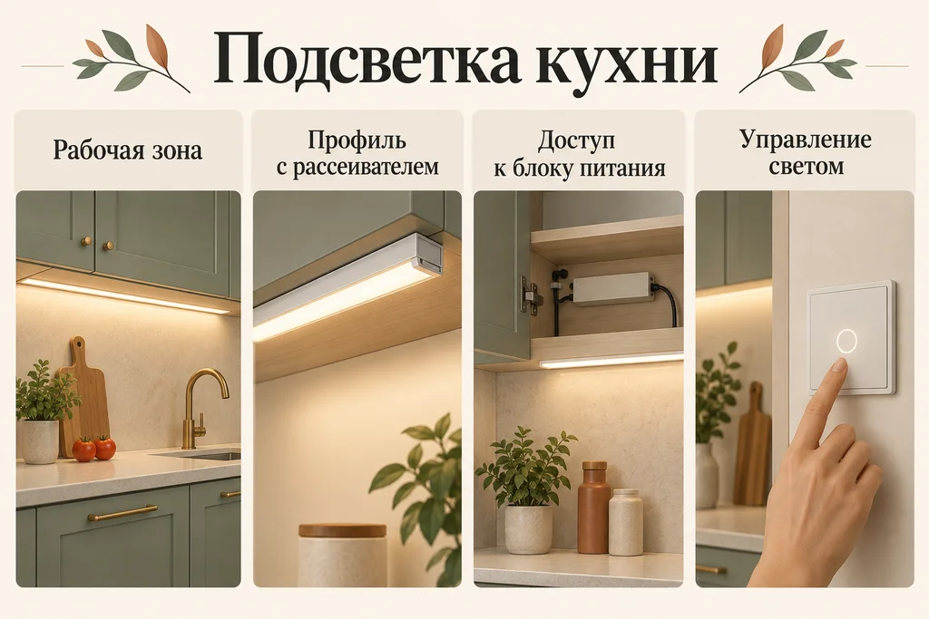 Инфографика: Подсветка кухни: рабочая поверхность и верхние шкафы. Рабочая зона, Профиль с рассеивателем, Доступ к блоку питания, Управление светом