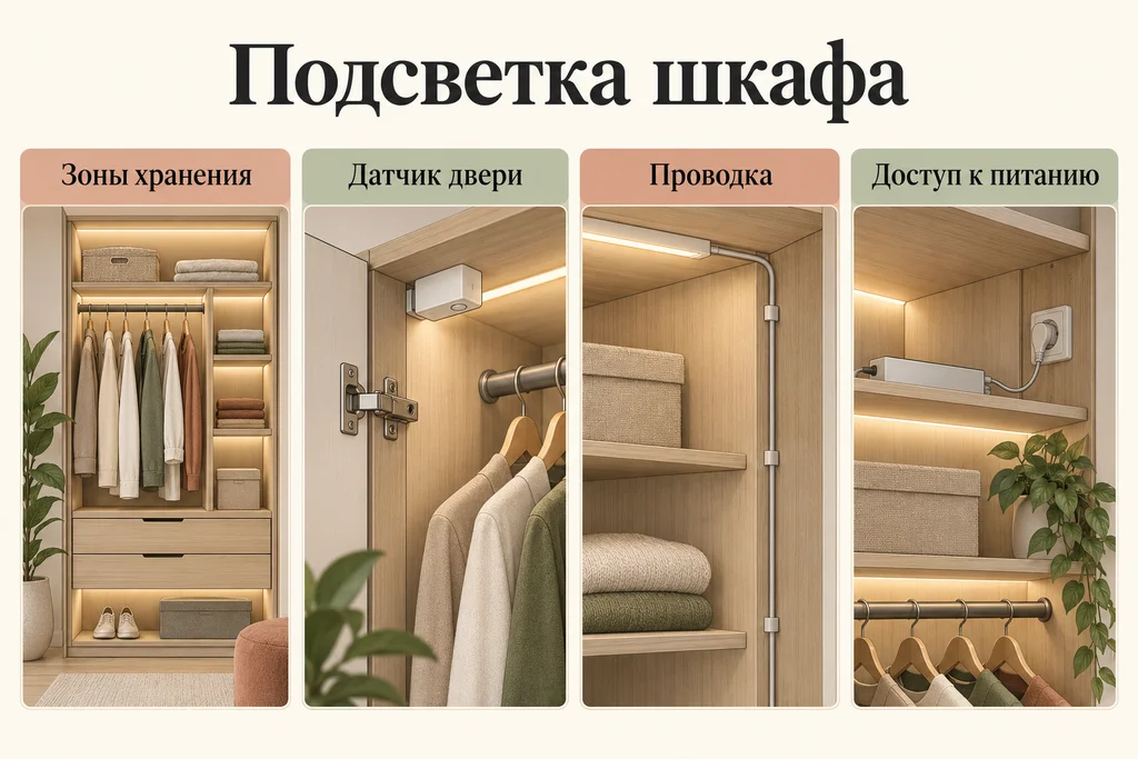 Инфографика: Подсветка шкафа: датчики, питание и доступ для обслуживания. Зоны хранения, Датчик двери, Проводка, Доступ к питанию