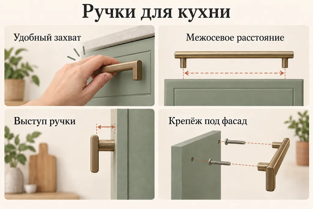 Инфографика: Удобный захват, Межосевое расстояние, Выступ ручки, Крепёж под фасад