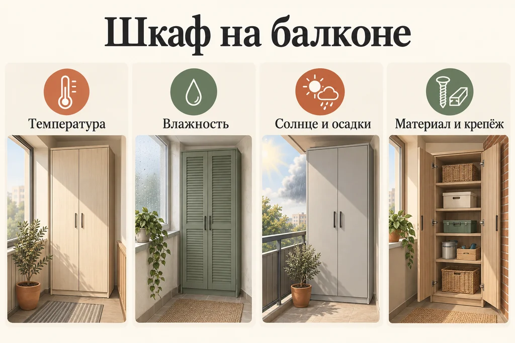 Инфографика: Шкаф на балкон: размеры, материалы и условия эксплуатации. Температура, Влажность, Солнце и осадки, Материал и крепёж