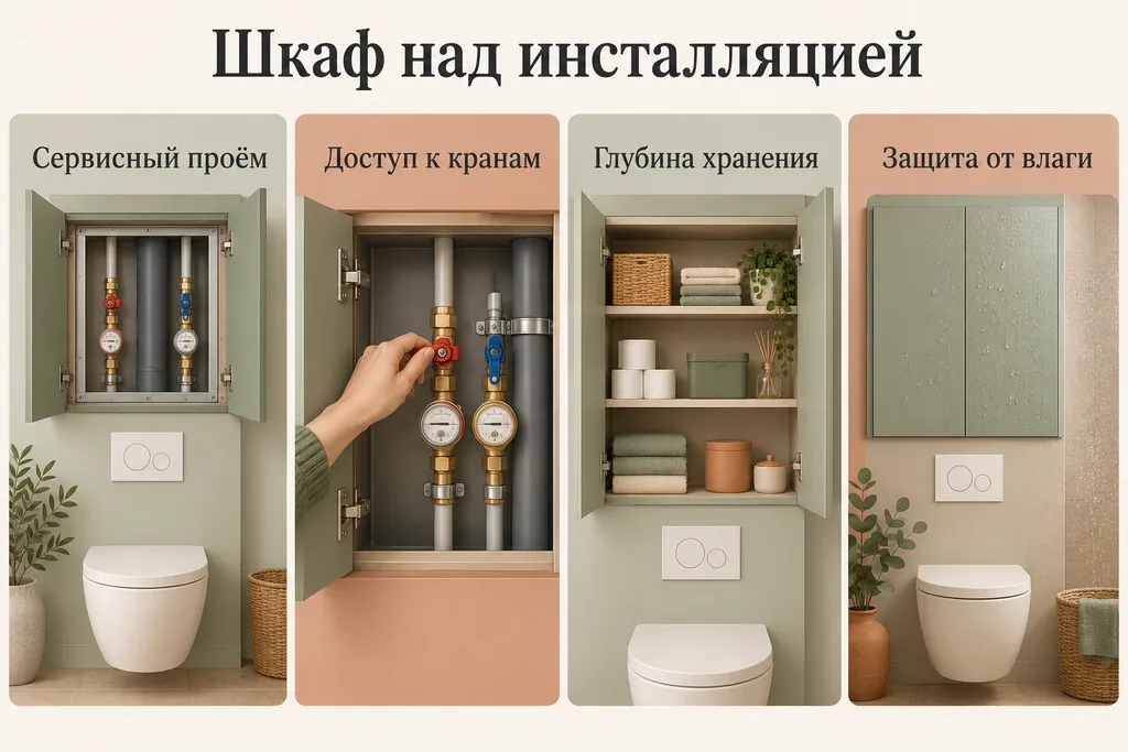 Инфографика: Сервисный проём, Доступ к кранам, Глубина хранения, Защита от влаги