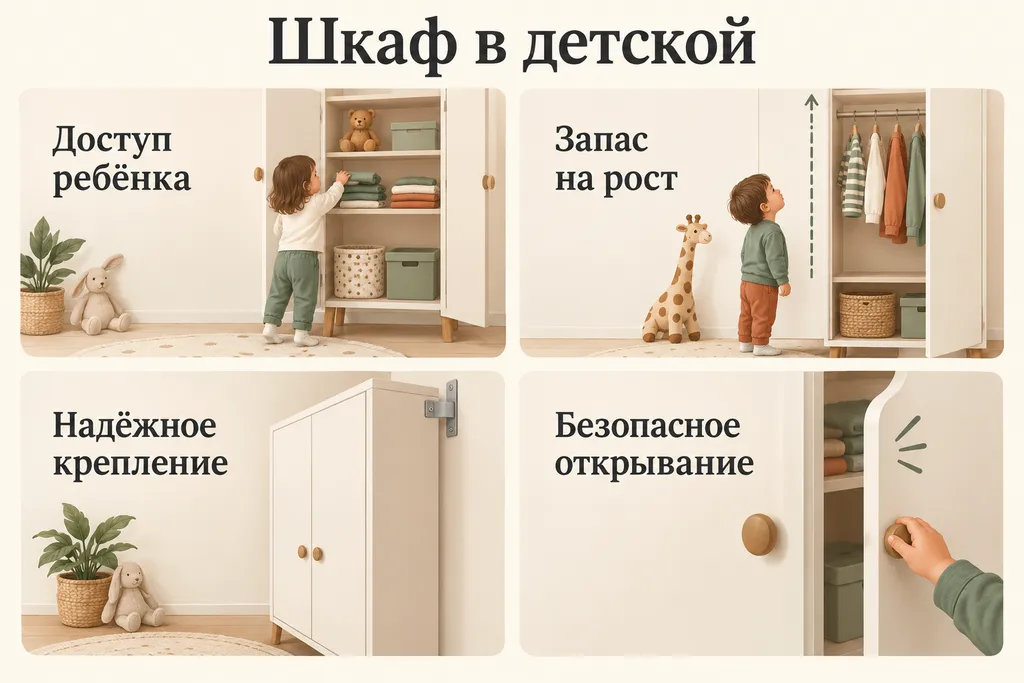 Инфографика: Доступ ребёнка, Запас на рост, Надёжное крепление, Безопасное открывание