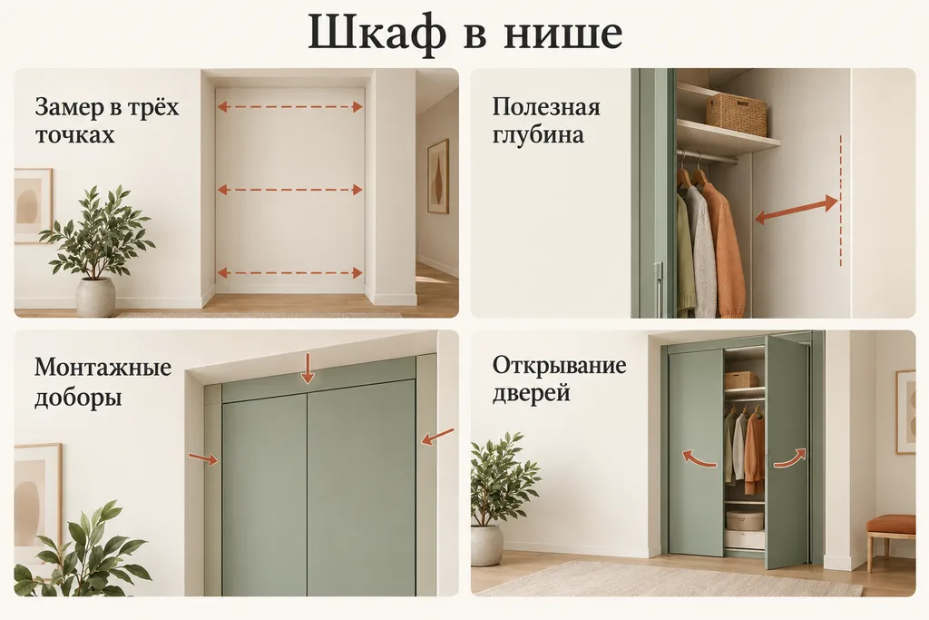 Инфографика: Замер в трёх точках, Полезная глубина, Монтажные доборы, Открывание дверей