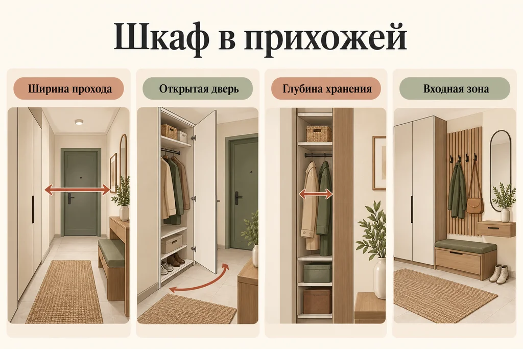 Инфографика: Шкаф в узкую прихожую: как сохранить проход. Ширина прохода, Открытая дверь, Глубина хранения, Входная зона