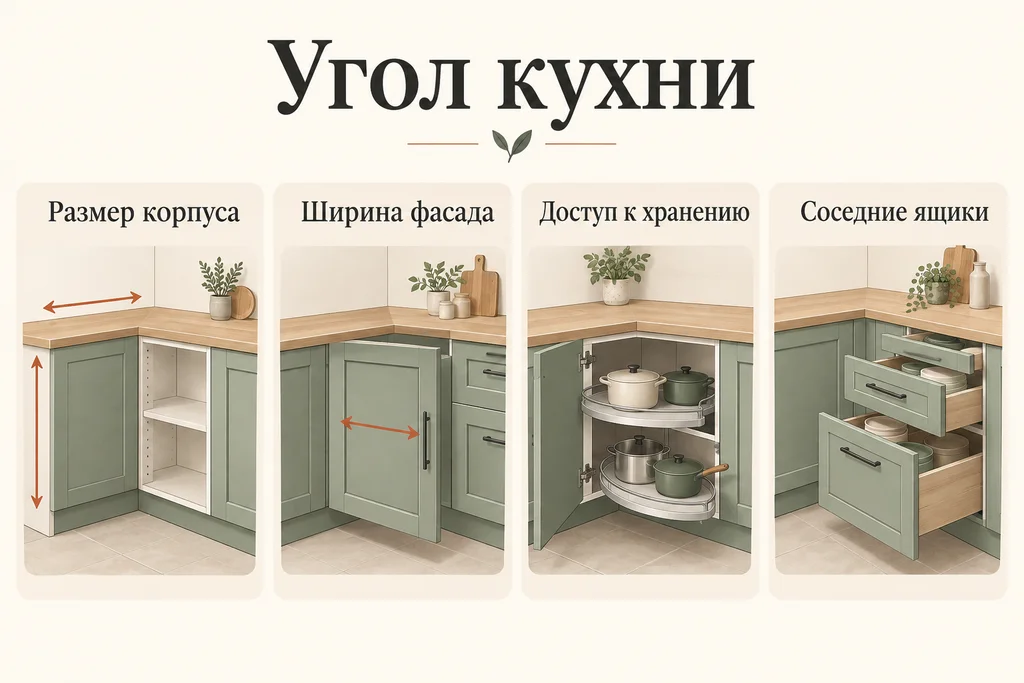 Инфографика: Угловая кухня: размеры модулей и удобный доступ в угол. Размер корпуса, Ширина фасада, Доступ к хранению, Соседние ящики