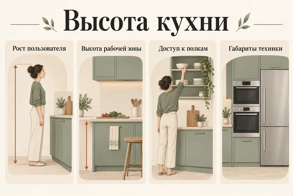 Инфографика: Высота столешницы и верхних шкафов: как подобрать под свой рост. Рост пользователя, Высота рабочей зоны, Доступ к полкам, Габариты техники
