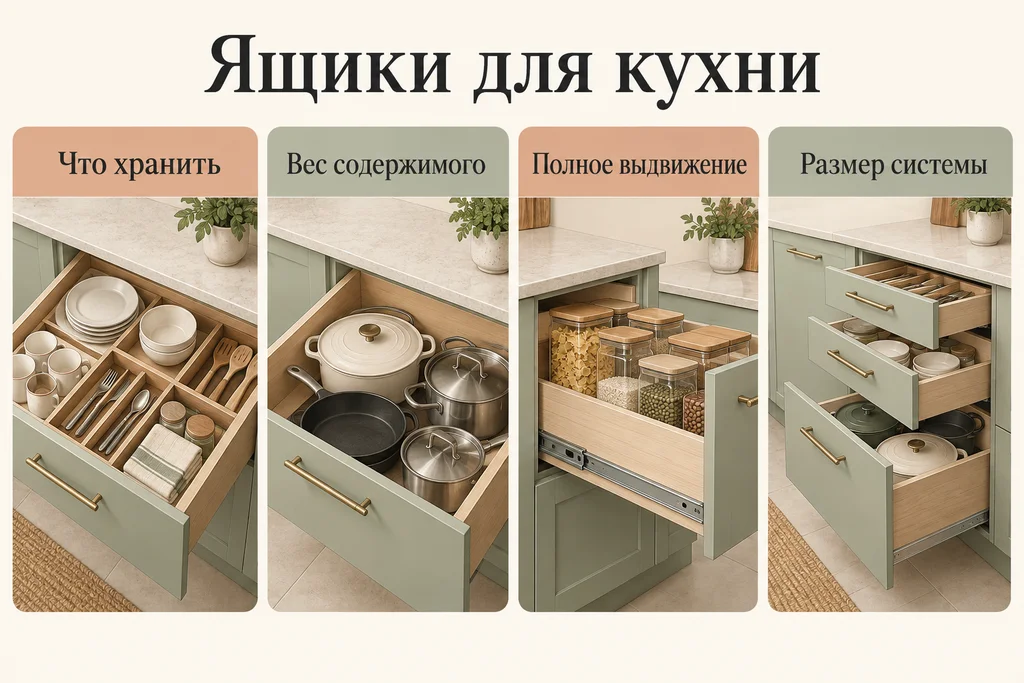 Инфографика: Выдвижные ящики на кухне: что хранить и какую фурнитуру выбрать. Что хранить, Вес содержимого, Полное выдвижение, Размер системы